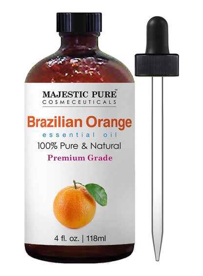 Majestic Pure Brazilian Orange Essential Oil with Glass Dropper - 100% Pure & Natural (4 Fl Oz) for Diffuser, Aromatherapy, Soap & Candle Making