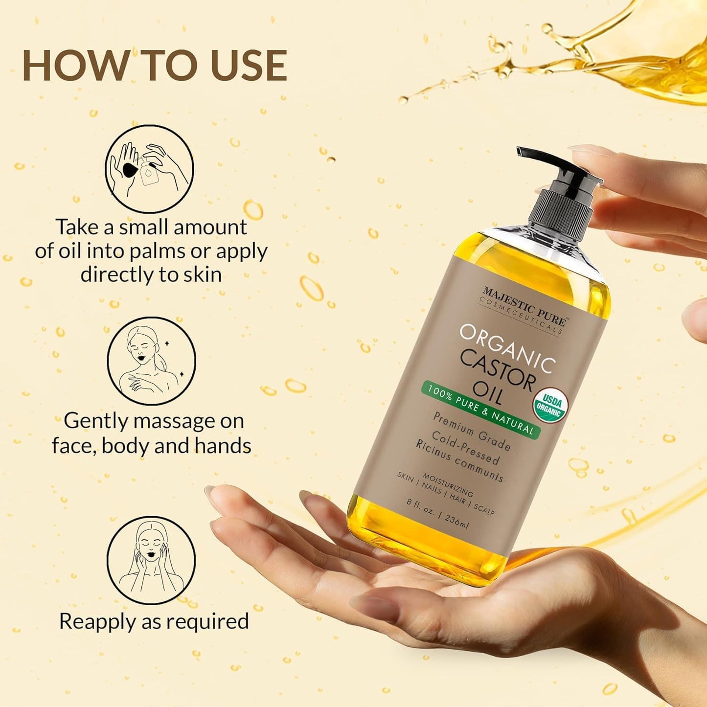 Majestic Pure Organic Castor Oil – 100% Pure, Cold-Pressed, Hexane Free – 8oz
