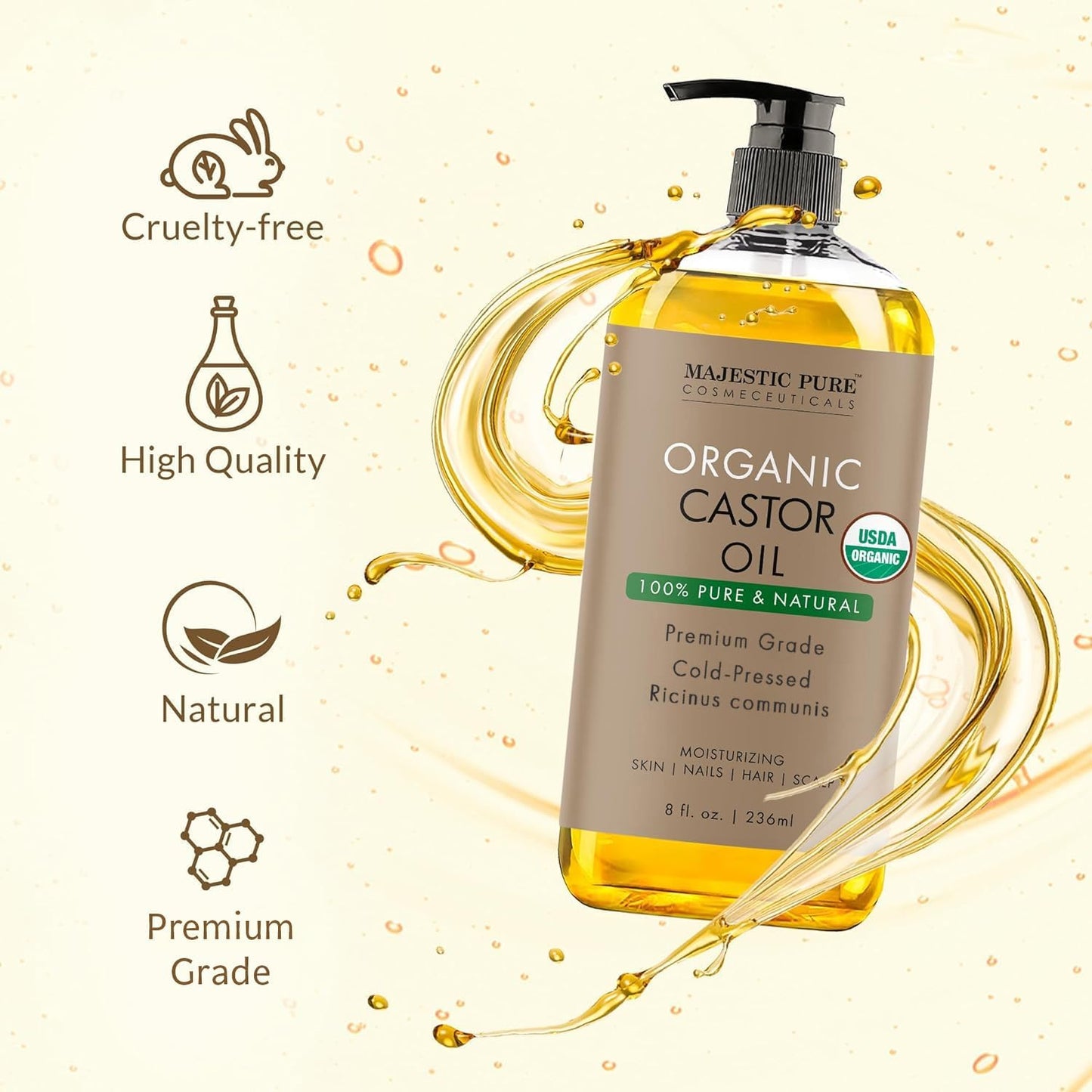 Majestic Pure Organic Castor Oil – 100% Pure, Cold-Pressed, Hexane Free – 8oz