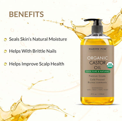 Majestic Pure Organic Castor Oil – 100% Pure, Cold-Pressed, Hexane Free – 8oz