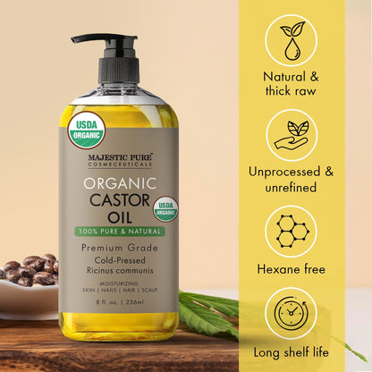 Majestic Pure Organic Castor Oil – 100% Pure, Cold-Pressed, Hexane Free – 8oz