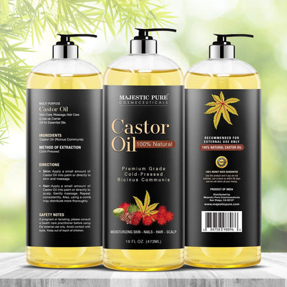 Majestic Pure Castor Oil 16 oz – 100% Pure, Cold-Pressed, Hexane-Free