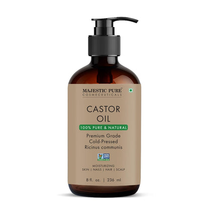Majestic Pure Castor Oil - Glass Bottle, 8 fl oz | 100% Pure & Natural, Cold-Pressed, Hexane Free, For Hair, Eyelashes, Eyebrows, Nails
