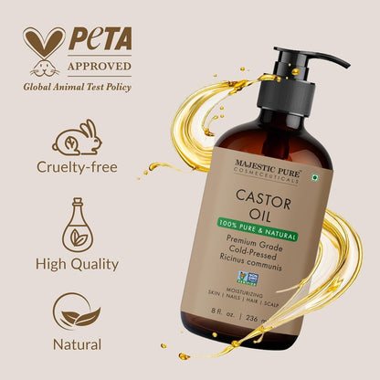 Majestic Pure Castor Oil - Glass Bottle, 8 fl oz | 100% Pure & Natural, Cold-Pressed, Hexane Free, For Hair, Eyelashes, Eyebrows, Nails