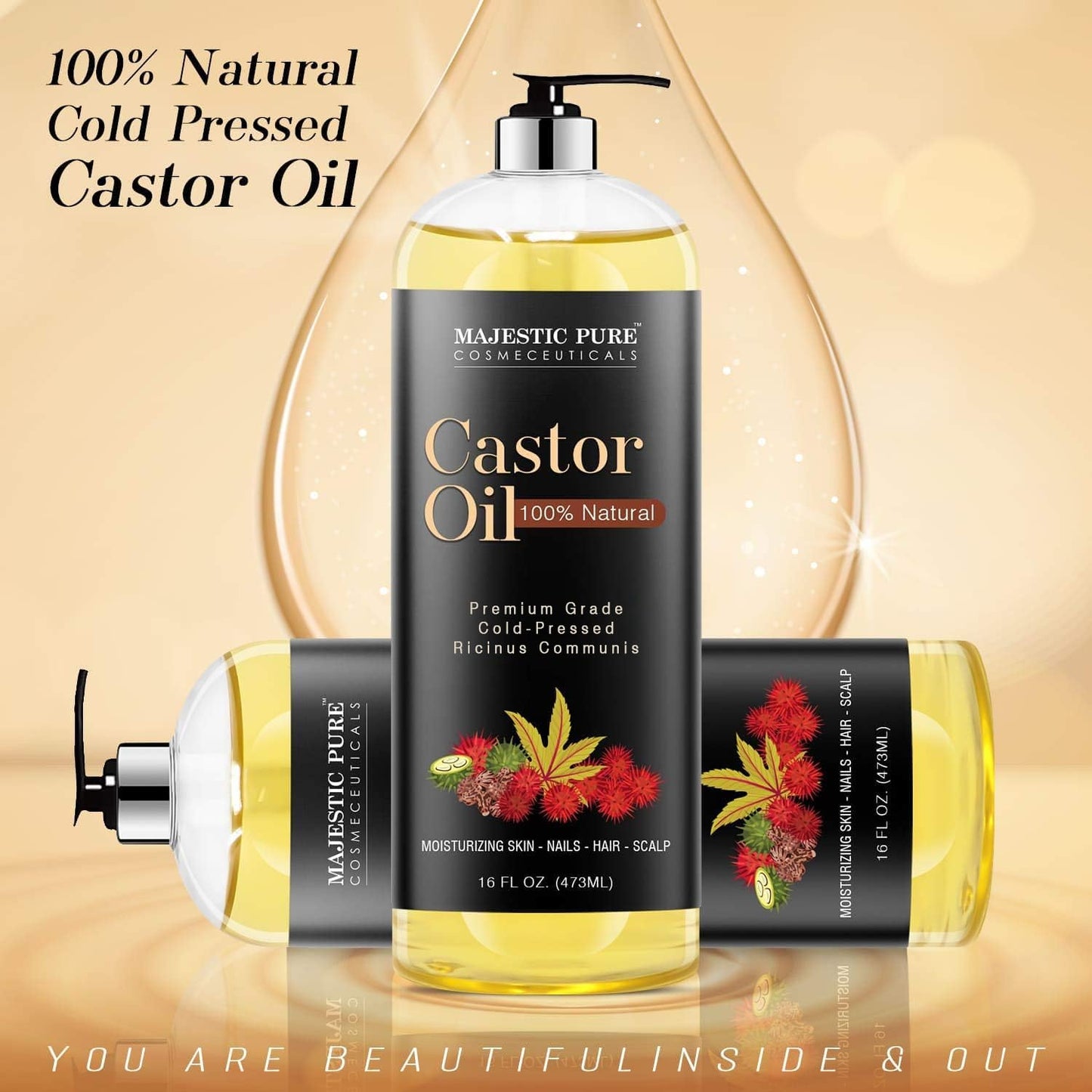 Majestic Pure Castor Oil 16 oz – 100% Pure, Cold-Pressed, Hexane-Free