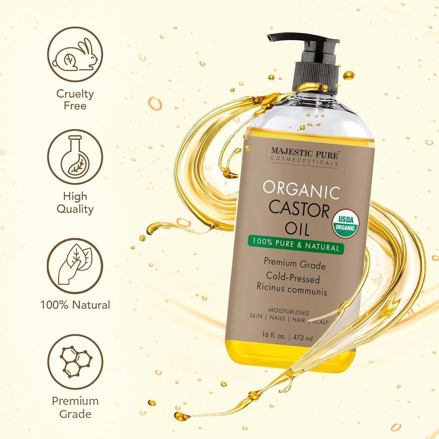 Majestic Pure USDA Organic Castor Oil - 16 Fl Oz | 100% Pure & Natural, Cold Pressed, Hexane Free