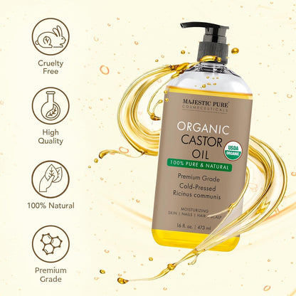 Majestic Pure USDA Organic Castor Oil - 16 Fl Oz | 100% Pure & Natural, Cold Pressed, Hexane Free