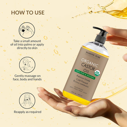 Majestic Pure USDA Organic Castor Oil - 16 Fl Oz | 100% Pure & Natural, Cold Pressed, Hexane Free