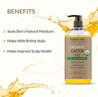 Majestic Pure USDA Organic Castor Oil - 16 Fl Oz | 100% Pure & Natural, Cold Pressed, Hexane Free