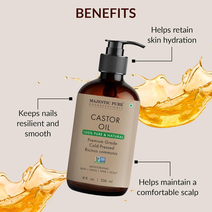 Majestic Pure Castor Oil - Glass Bottle, 8 fl oz | 100% Pure & Natural, Cold-Pressed, Hexane Free, For Hair, Eyelashes, Eyebrows, Nails