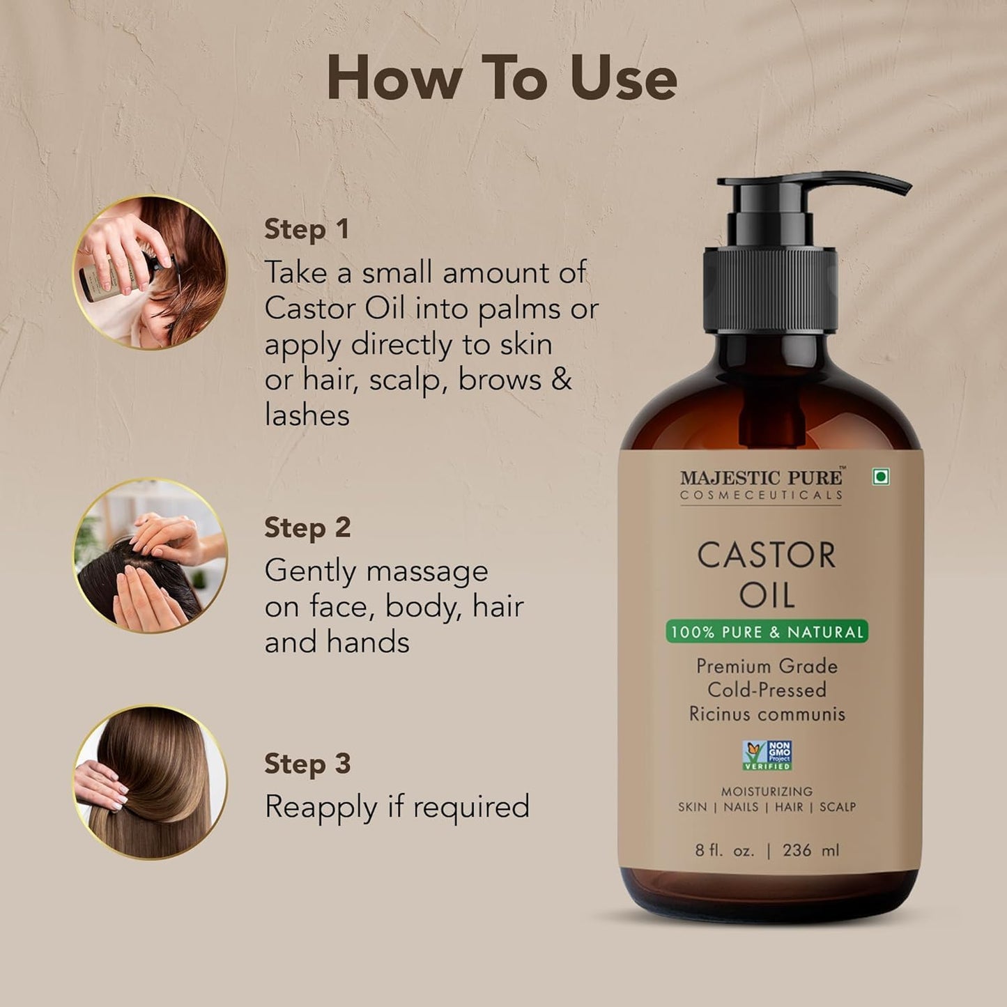Majestic Pure Castor Oil - Glass Bottle, 8 fl oz | 100% Pure & Natural, Cold-Pressed, Hexane Free, For Hair, Eyelashes, Eyebrows, Nails
