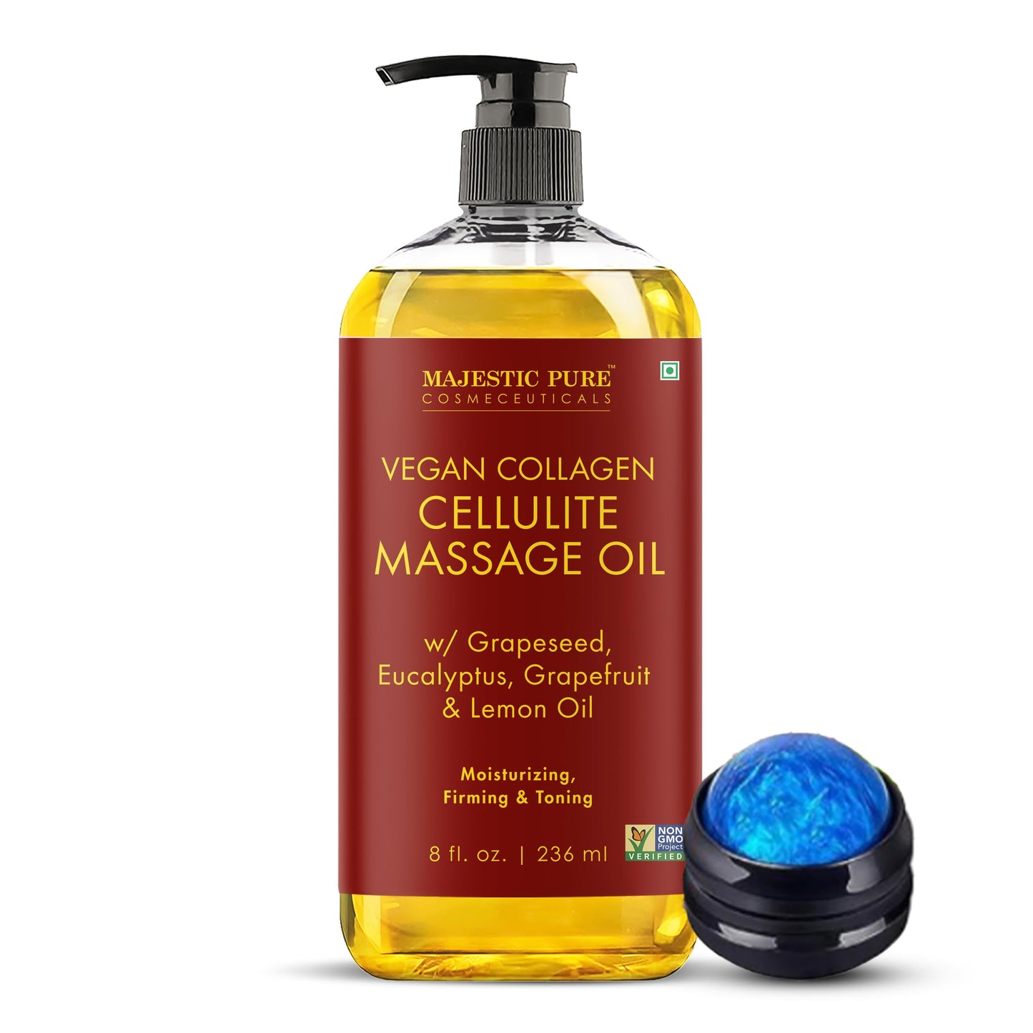 Majestic Pure Cellulite Massage Oil with Roller – Massage Therapy, Natural & Hydrating (8 oz)