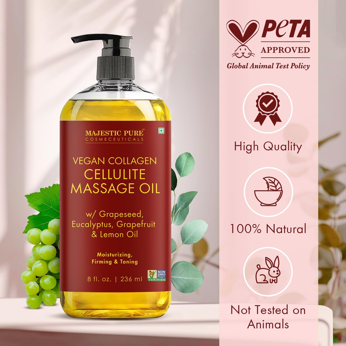 Majestic Pure Cellulite Massage Oil with Roller – Massage Therapy, Natural & Hydrating (8 oz)