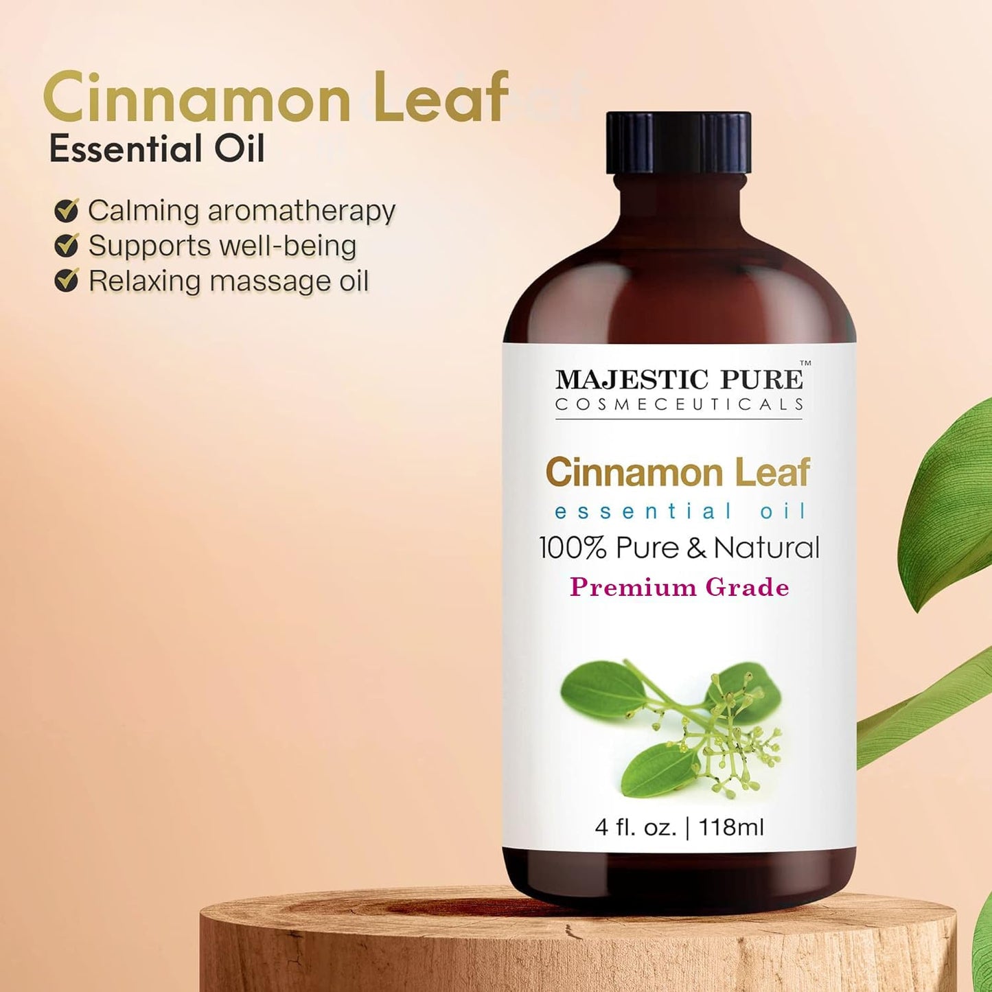 Majestic Pure Cinnamon Essential Oil - 4 Fl Oz, 100% Pure & Natural, Glass Dropper