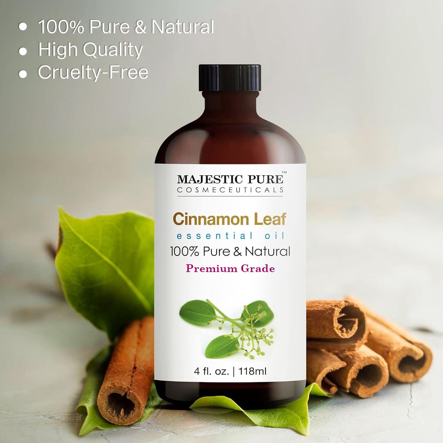 Majestic Pure Cinnamon Essential Oil - 4 Fl Oz, 100% Pure & Natural, Glass Dropper