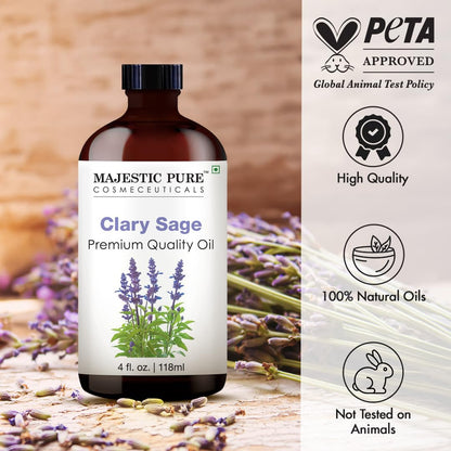 Majestic Pure Clary Sage Essential Oil – 4 oz Glass Bottle with Dropper, 100% Pure & Natural