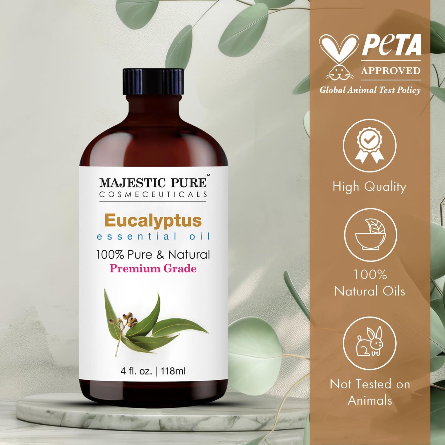 Majestic Pure Eucalyptus Essential Oil – 4 oz with Glass Dropper, 100% Pure & Natural