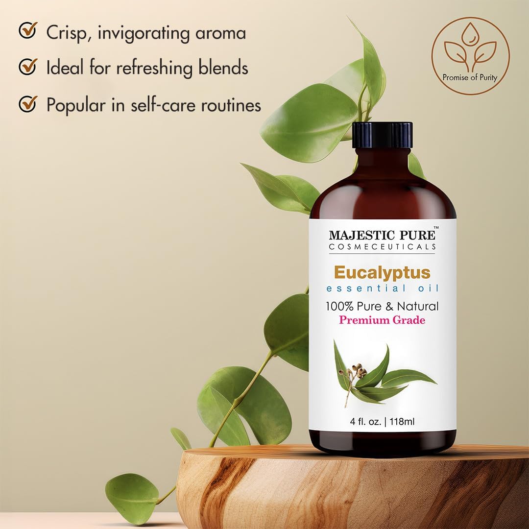 Majestic Pure Eucalyptus Essential Oil – 4 oz with Glass Dropper, 100% Pure & Natural