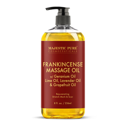 MAJESTIC PURE Frankincense Scar & Stretch Massage Oil – All Skin Types, 8 fl oz