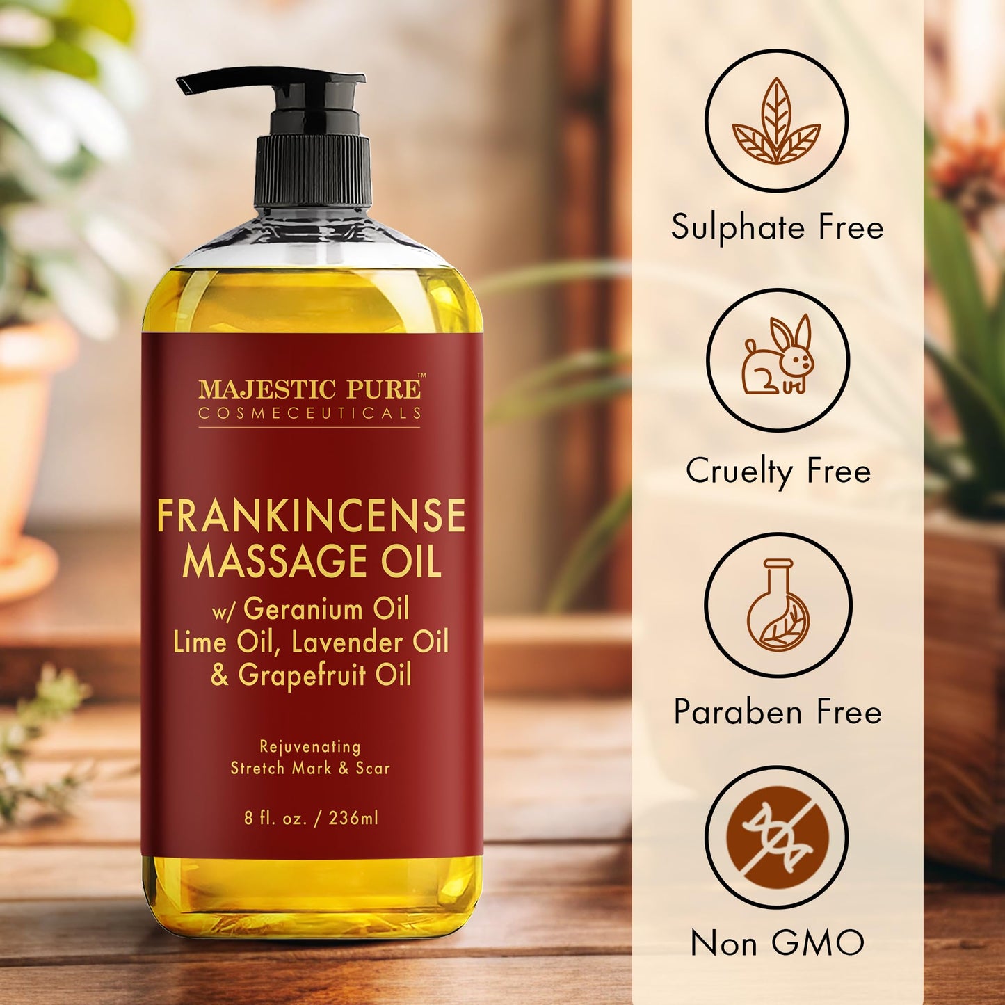 MAJESTIC PURE Frankincense Scar & Stretch Massage Oil – All Skin Types, 8 fl oz