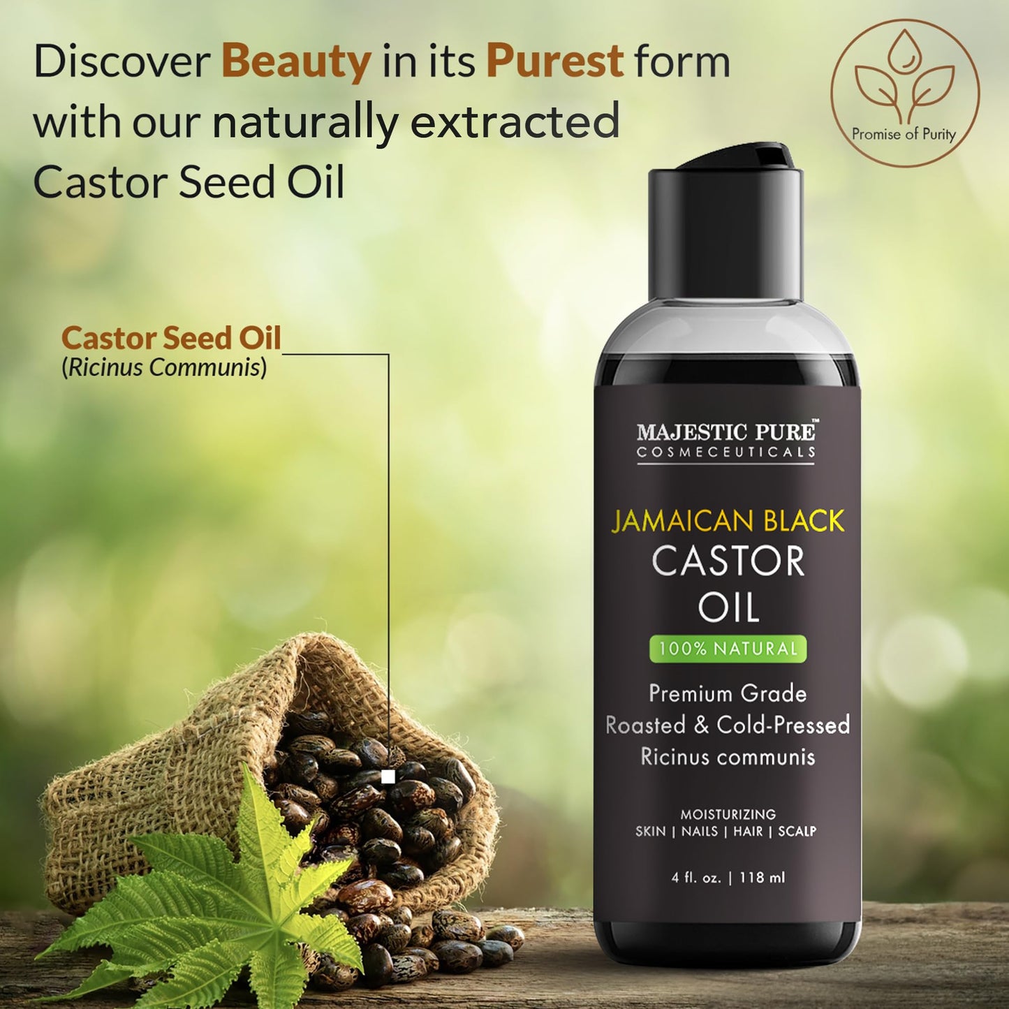 Majestic Pure Jamaican Black Castor Oil – 4 Fl Oz | 100% Pure, Cold-Pressed, Hexane Free