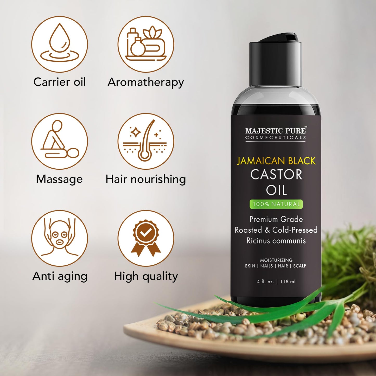 Majestic Pure Jamaican Black Castor Oil – 4 Fl Oz | 100% Pure, Cold-Pressed, Hexane Free