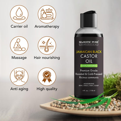 Majestic Pure Jamaican Black Castor Oil – 4 Fl Oz | 100% Pure, Cold-Pressed, Hexane Free