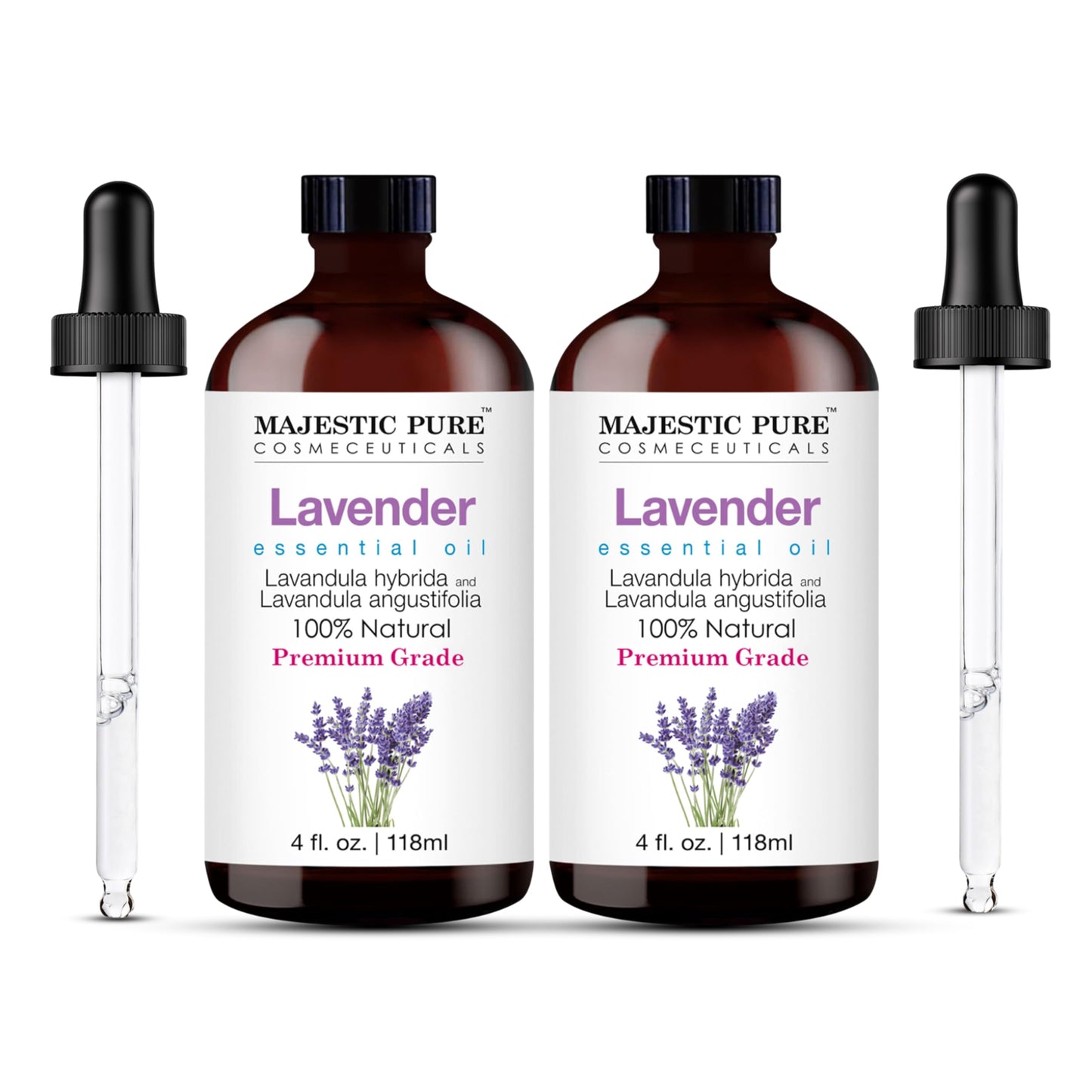 Majestic Pure Lavender Essential Oil (4 Oz x 2) – 100% Pure & Natural with Glass Dropper