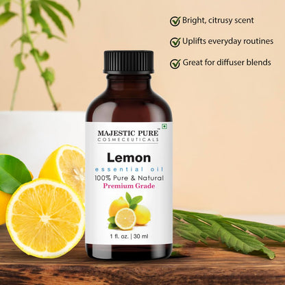 Majestic Pure Lemon Essential Oil - 100% Pure & Natural, 1 Fl Oz, Glass Dropper
