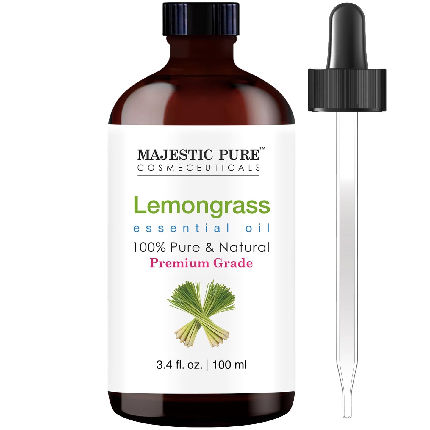 Majestic Pure Lemongrass Essential Oil - 100% Pure & Natural, 3.4 Fl Oz, Dropper Bottle