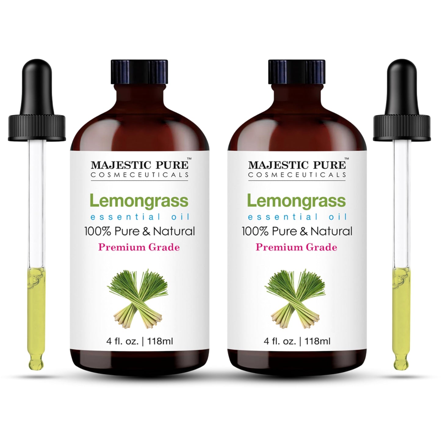 Majestic Pure Lemongrass Essential Oil - 100% Pure & Natural, Glass Dropper, 4 Fl Oz (Pack of 2)