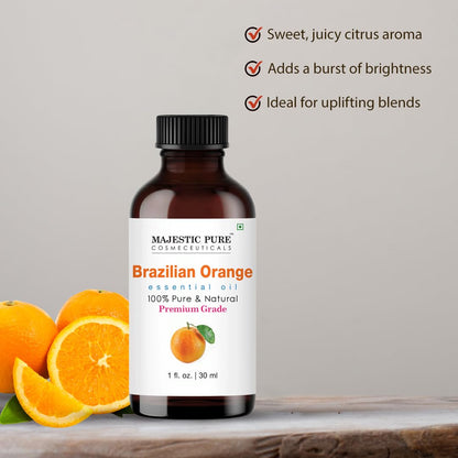 Majestic Pure Essential Oil with Glass Dropper - 100% Pure and Natural - Essential Oils for Diffuser, Aromatherapy, Soap and Candle Making, Brazillian Orange Essential Oil, Orange Oil, 1 Fl Oz