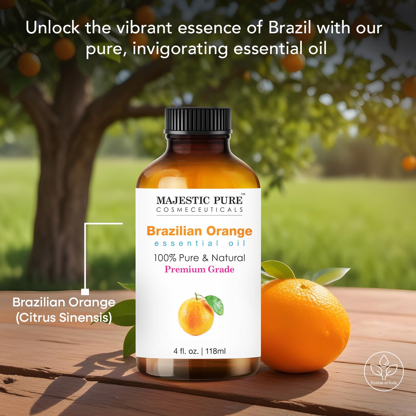 Majestic Pure Brazilian Orange Essential Oil with Glass Dropper - 100% Pure & Natural (4 Fl Oz) for Diffuser, Aromatherapy, Soap & Candle Making
