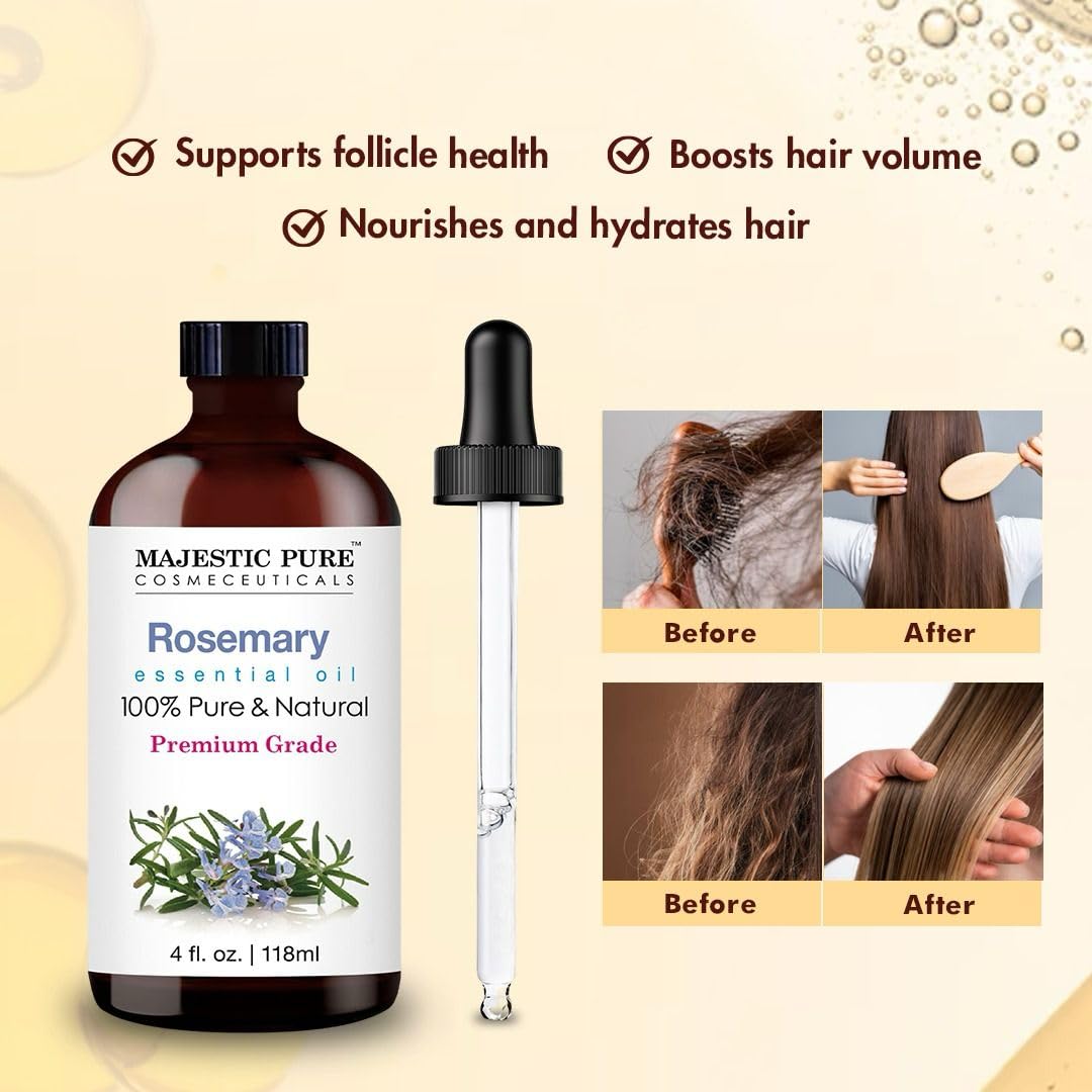 Majestic Pure Rosemary Essential Oil - 4 oz, 100% Pure & Natural in Amber Glass Dropper