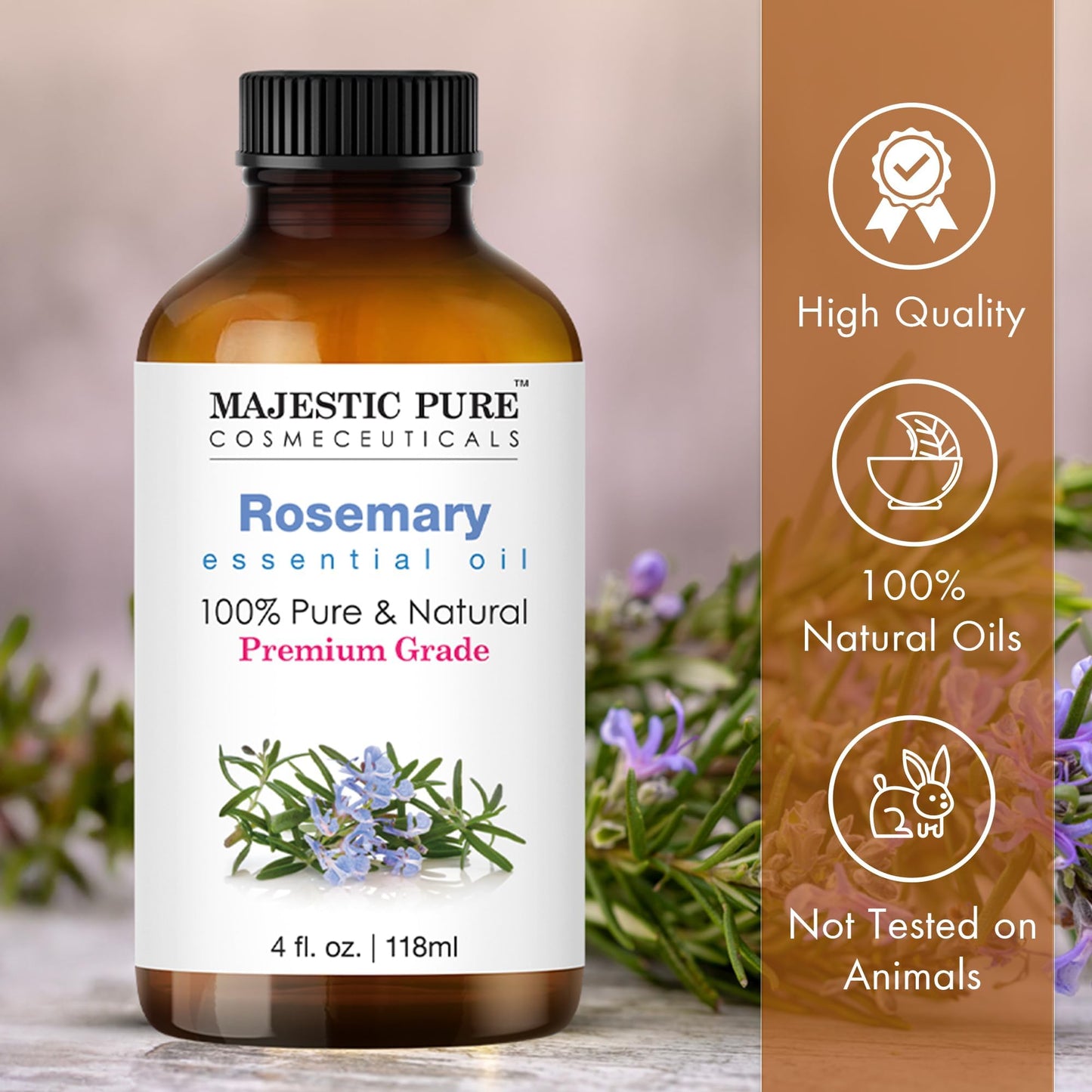 Majestic Pure Rosemary Essential Oil - 4 oz, 100% Pure & Natural in Amber Glass Dropper