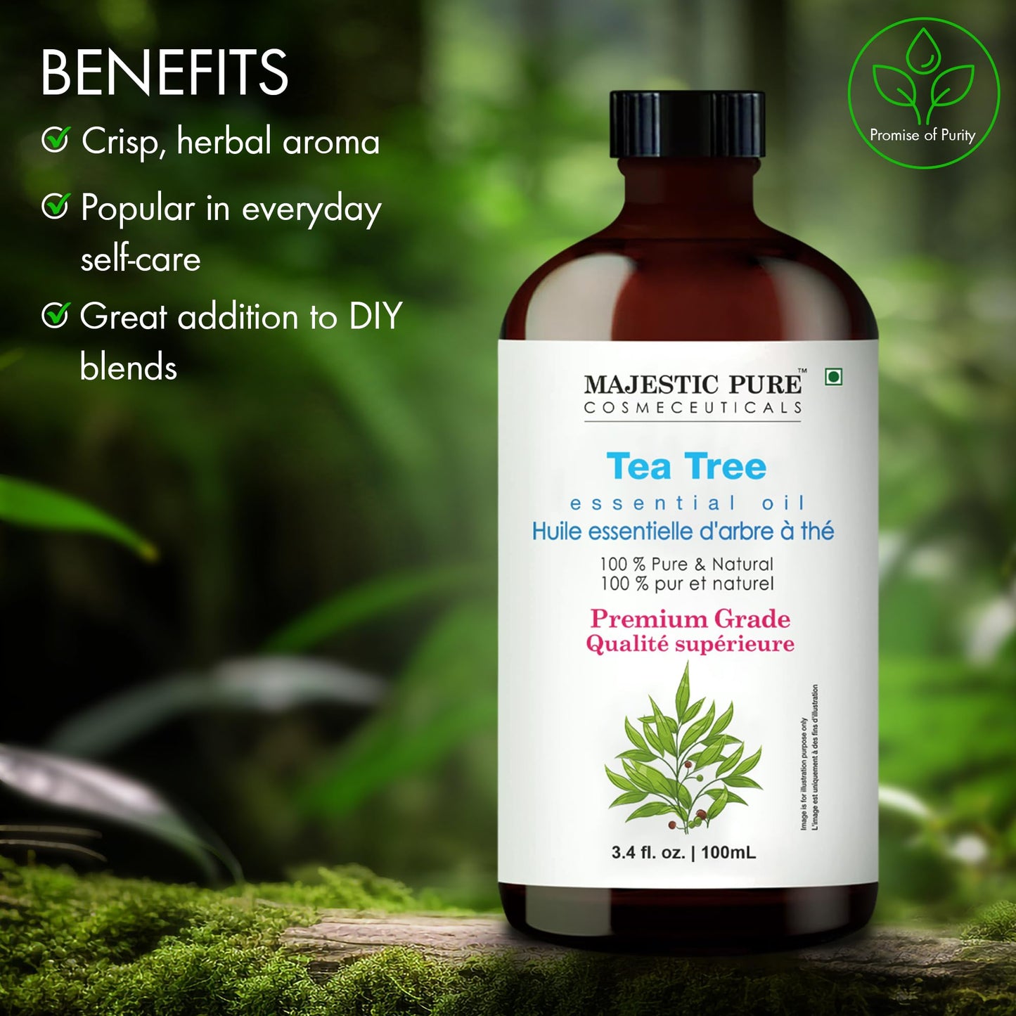 Majestic Pure Tea Tree Essential Oil – 3.4 Fl Oz, 100% Pure & Natural with Glass Dropper