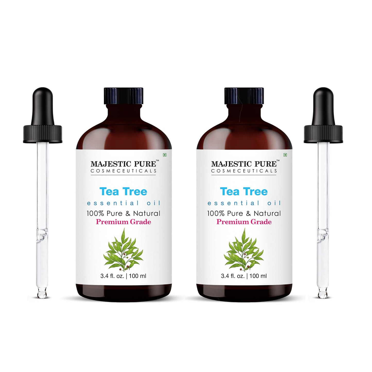 Majestic Pure Tea Tree Essential Oil – 100% Pure & Natural, Glass Dropper, 3.4 Fl Oz Pack of 2