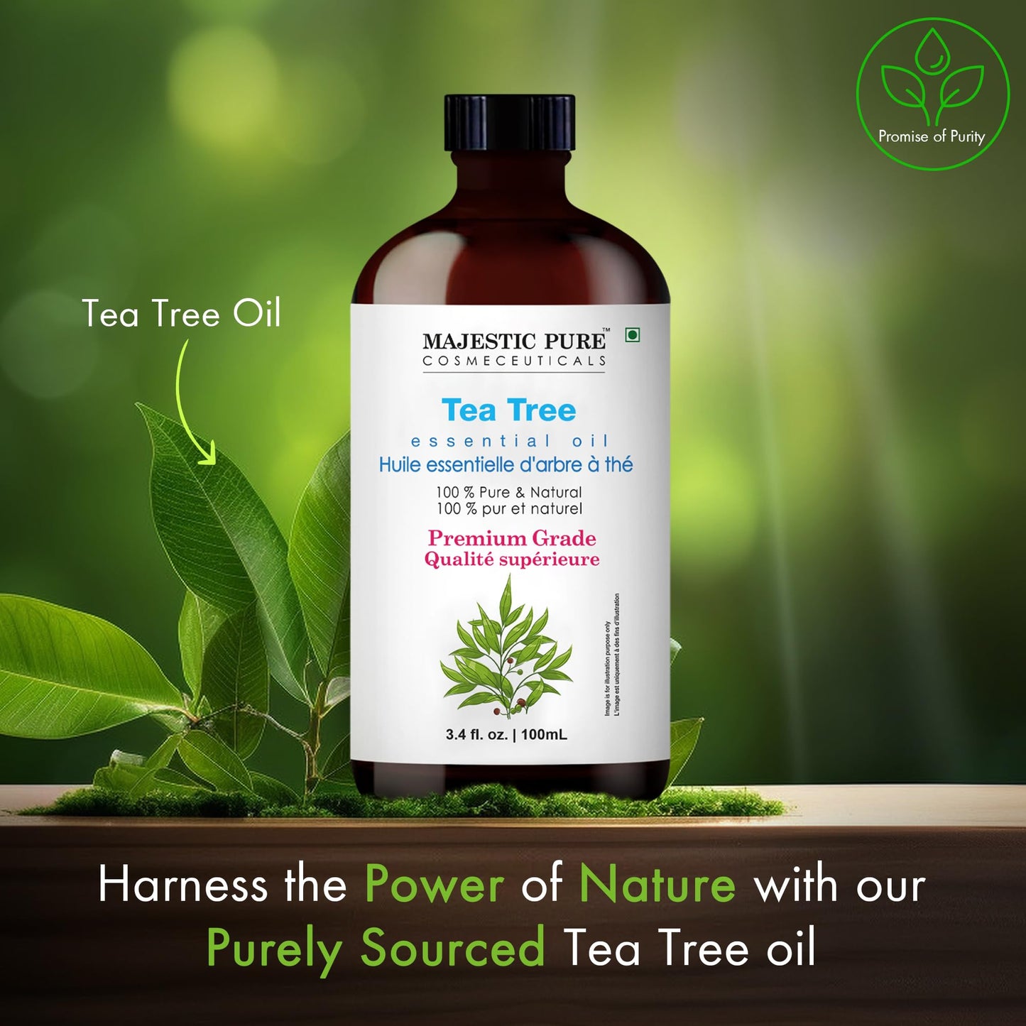 Majestic Pure Tea Tree Essential Oil – 3.4 Fl Oz, 100% Pure & Natural with Glass Dropper