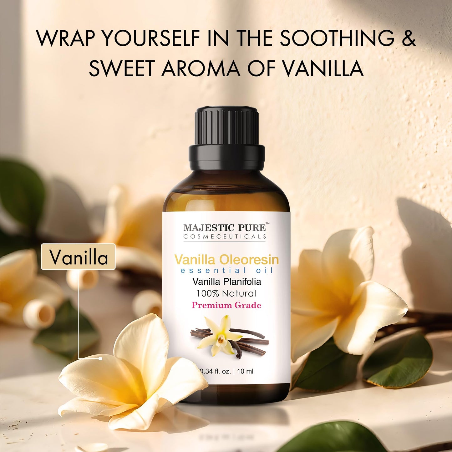 Majestic Pure Vanilla Essential Oil with Glass Dropper – 0.3 Fl Oz (10 ml) – 100% Pure & Natural