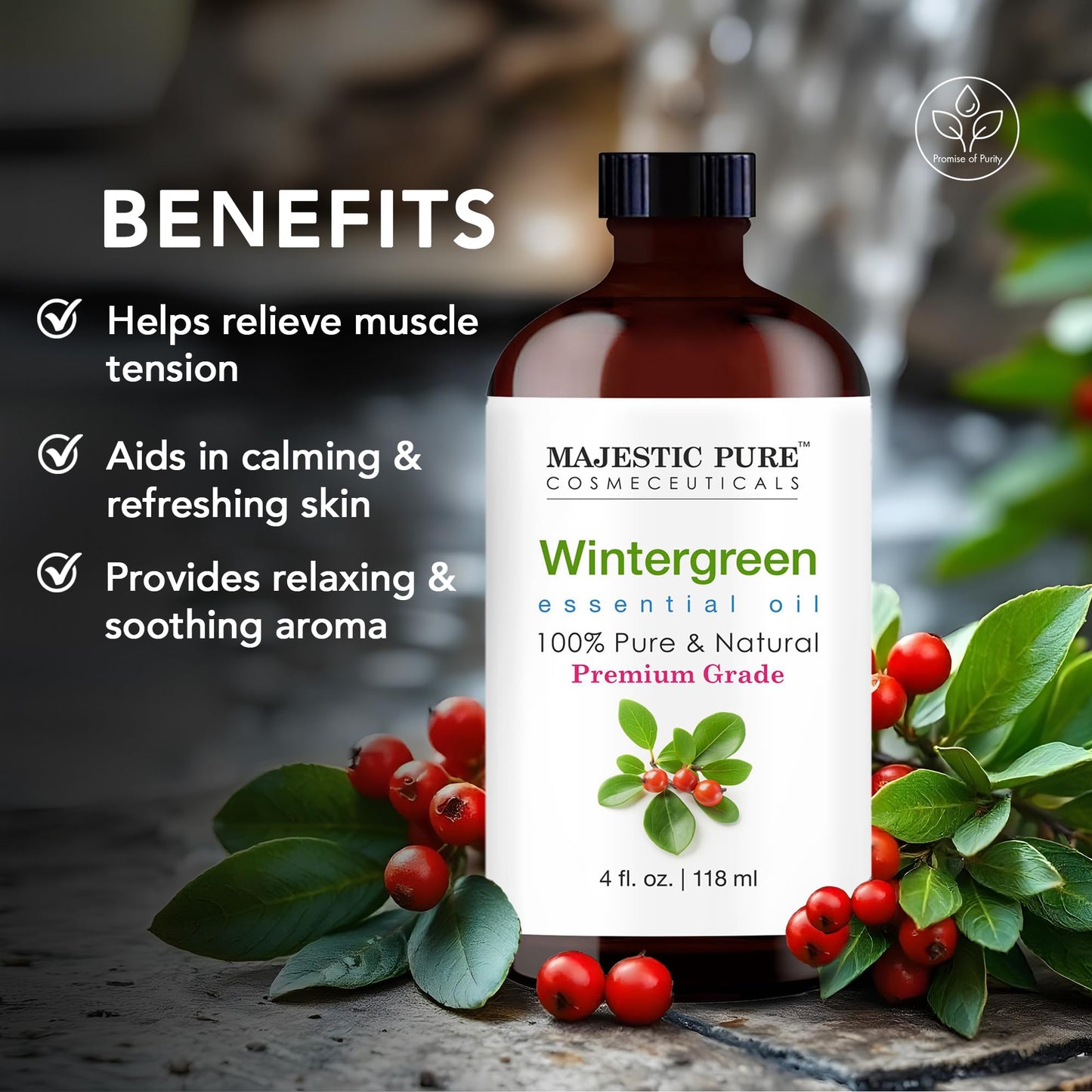 Majestic Pure Wintergreen Essential Oil – 4 oz Glass Dropper – 100% Pure & Natural