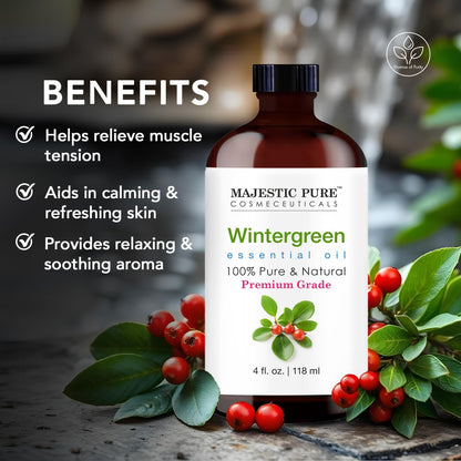 Majestic Pure Wintergreen Essential Oil – 4 oz Glass Dropper – 100% Pure & Natural