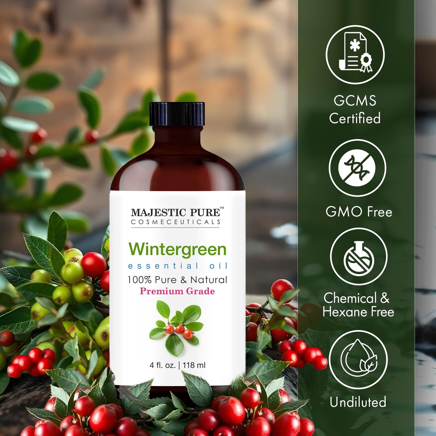 Majestic Pure Wintergreen Essential Oil – 4 oz Glass Dropper – 100% Pure & Natural