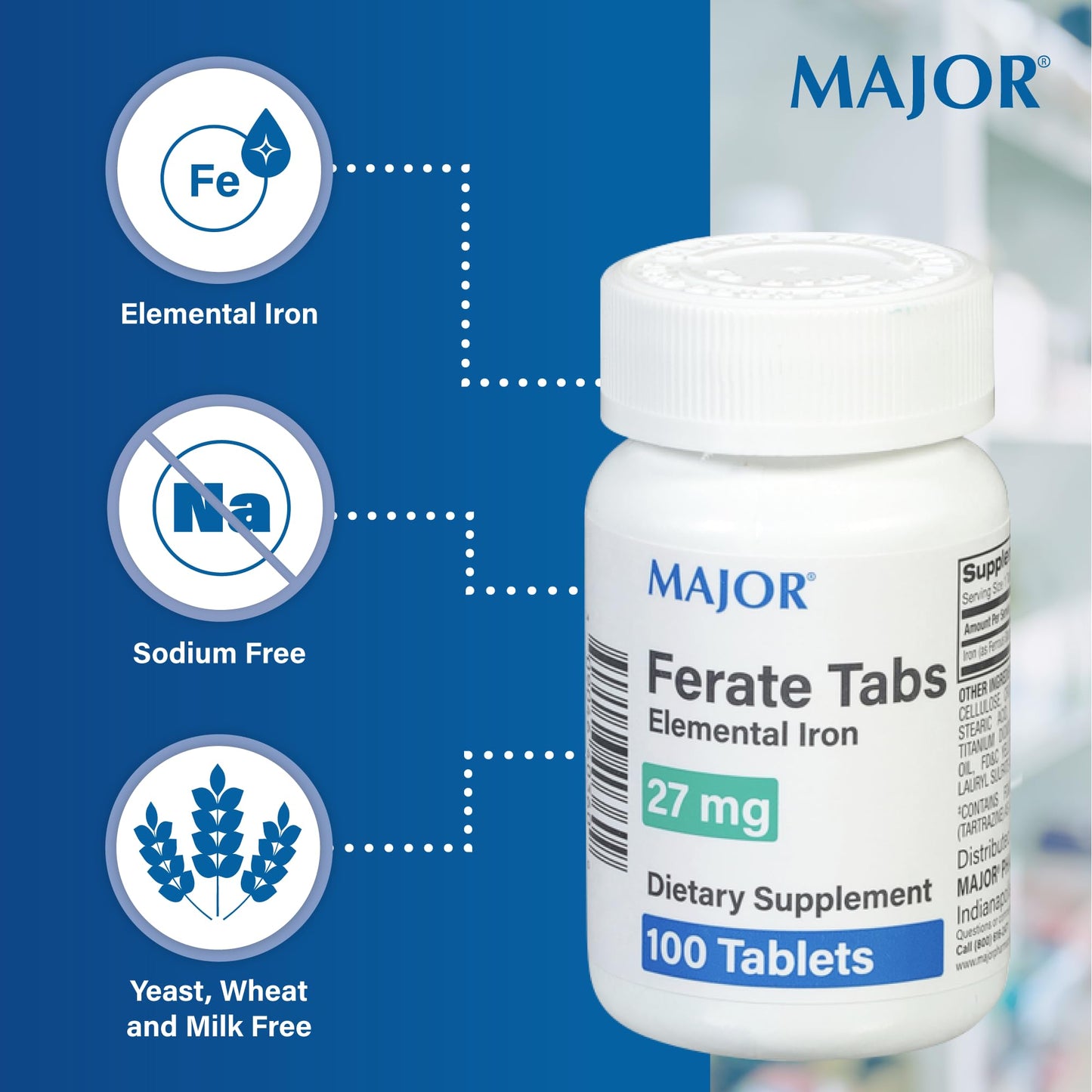 Major 27 mg Ferate Tabs - Ferrous Gluconate Iron Supplement, 100 Count (1 Pack)