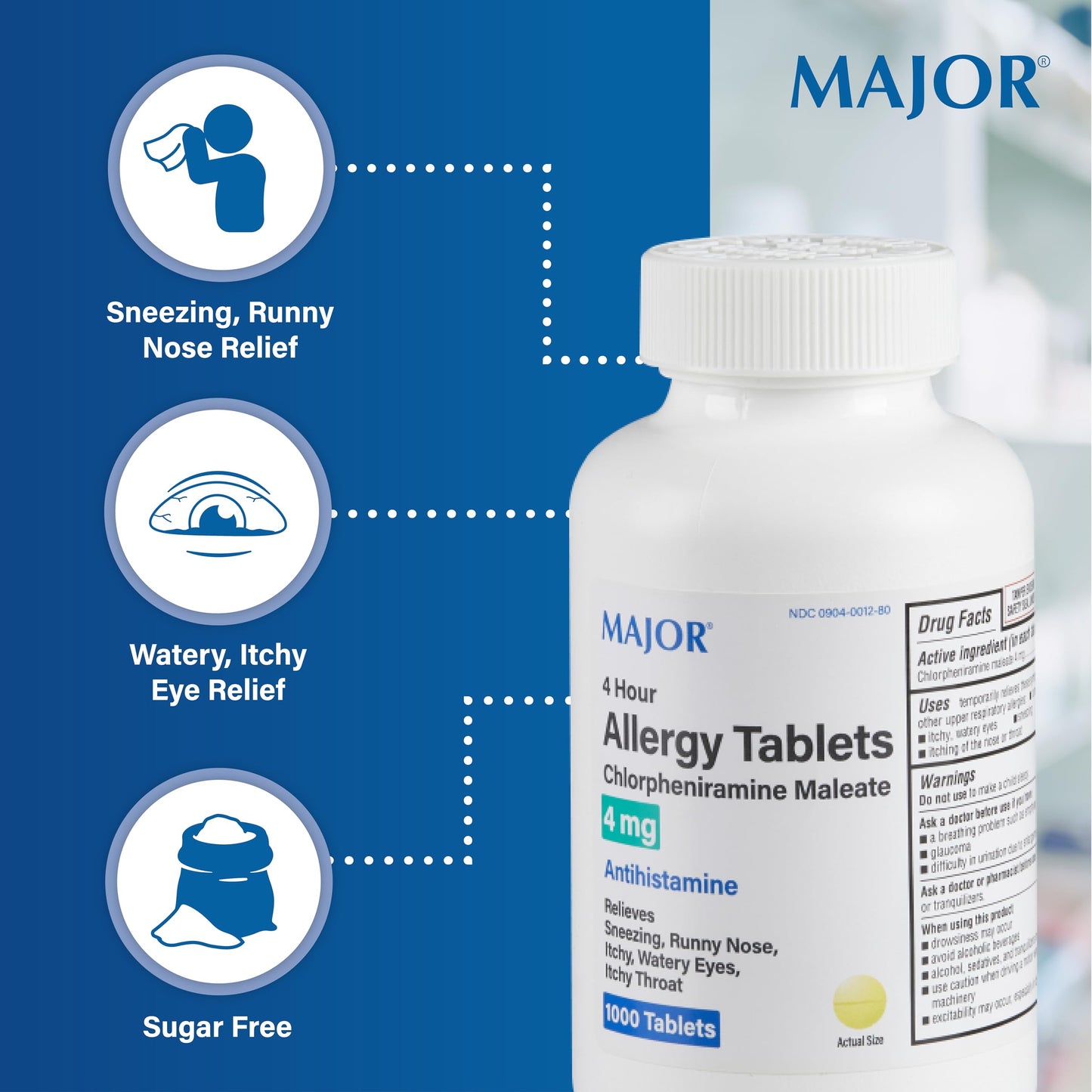 MAJOR 4 Hour Allergy Tablets – Chlorpheniramine 4 mg, 1000 Count