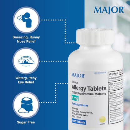 MAJOR 4 Hour Allergy Tablets – Chlorpheniramine 4 mg, 1000 Count