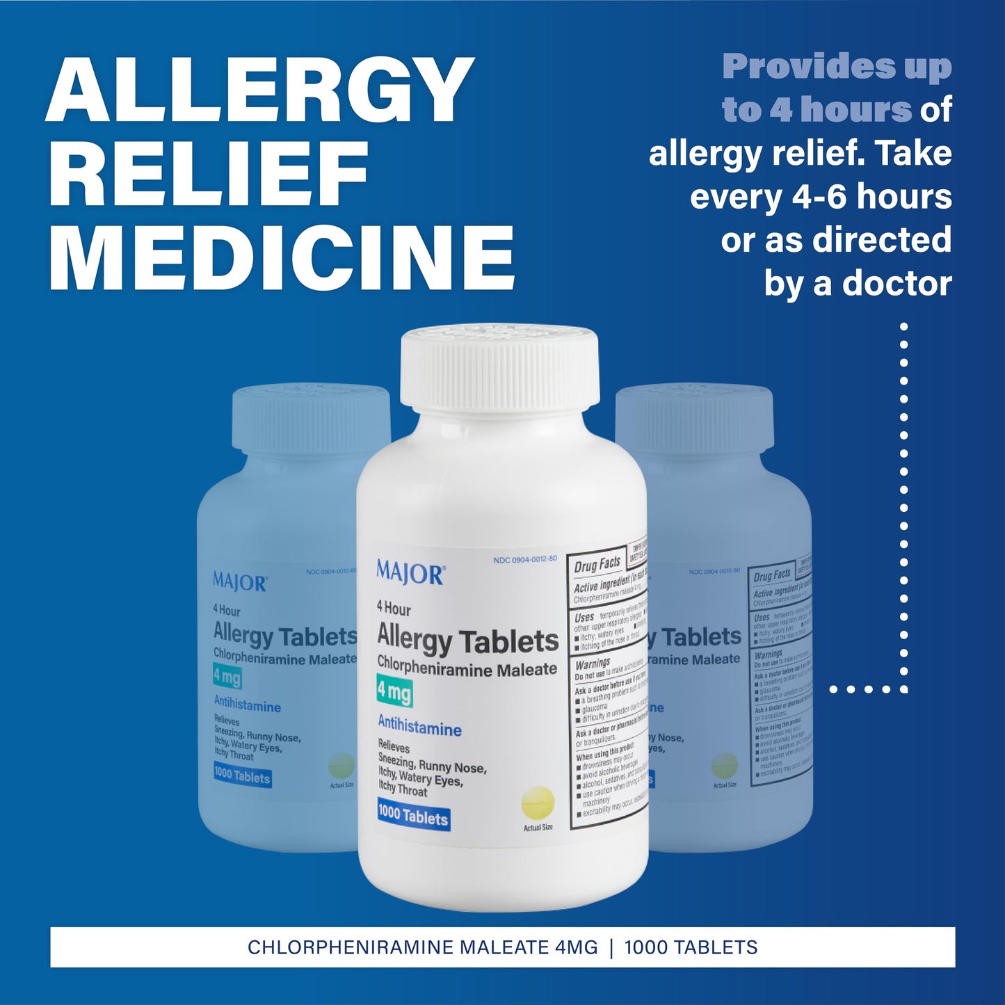 MAJOR 4 Hour Allergy Tablets – Chlorpheniramine 4 mg, 1000 Count