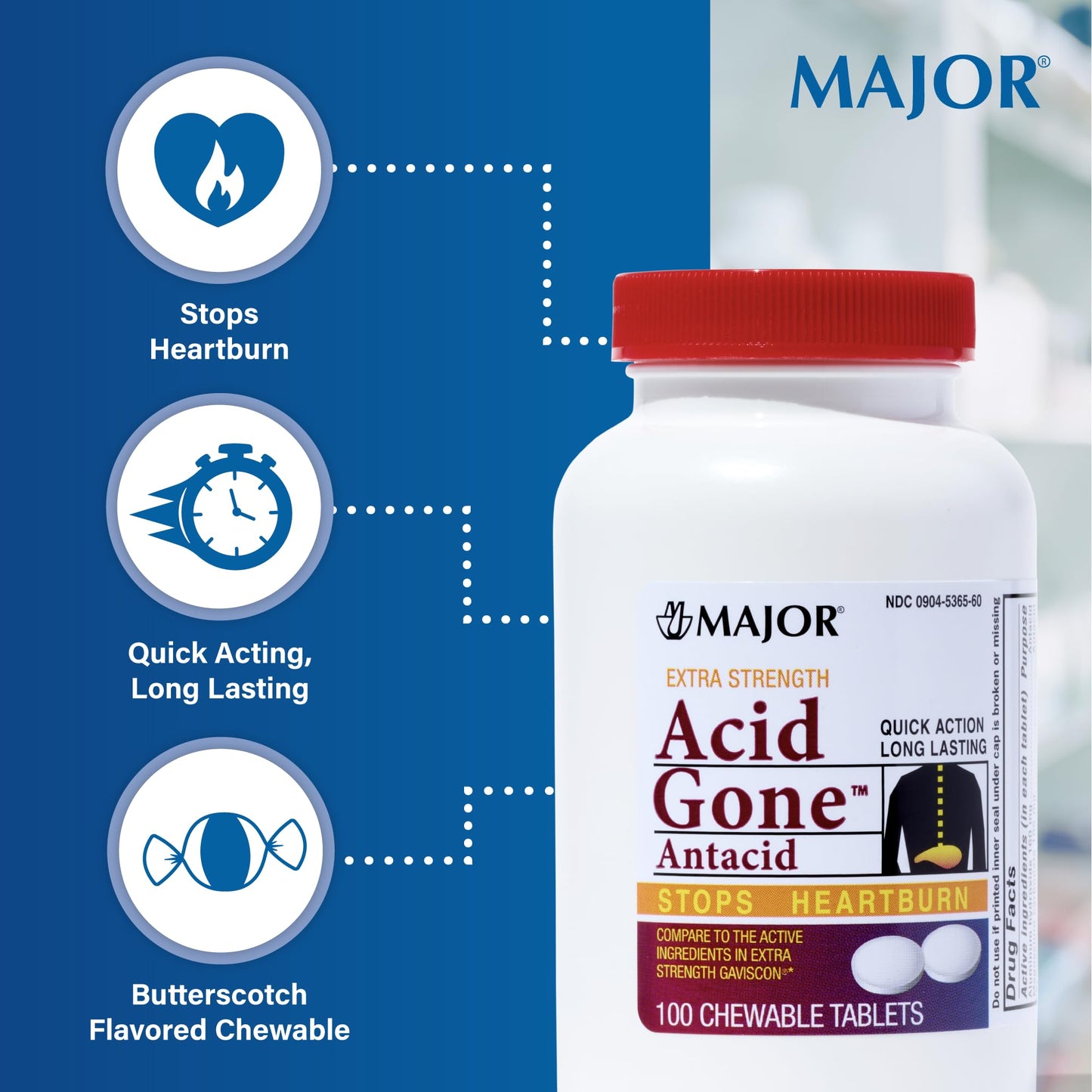 MAJOR Acid Gone Extra Strength Antacid Chewable Tablets | Heartburn & Indigestion Relief for Adults (100 Count)
