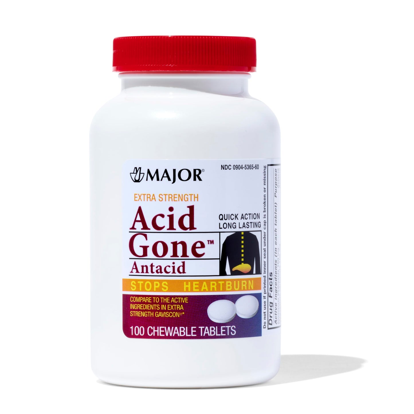 MAJOR Acid Gone Extra Strength Antacid Chewable Tablets | Heartburn & Indigestion Relief for Adults (100 Count)
