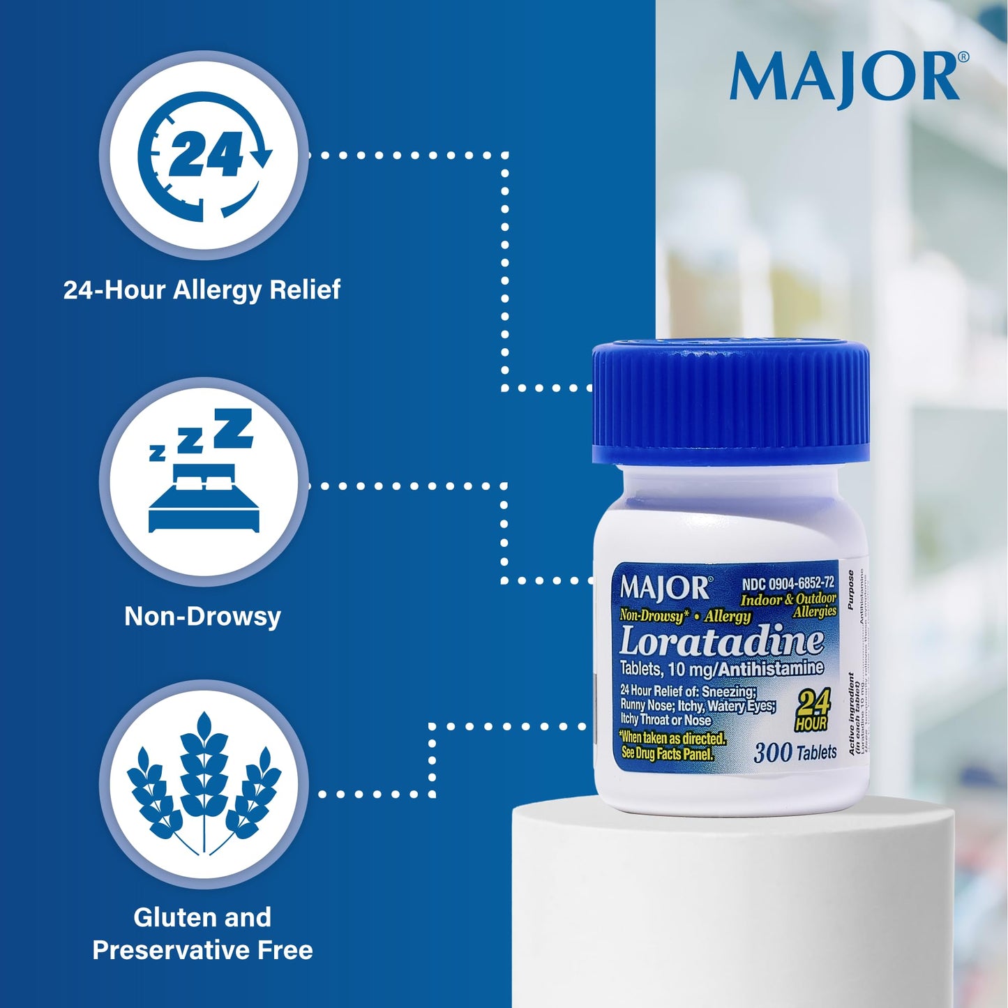 MAJOR Allergy Loratadine 10 mg Tablets – Non-Drowsy 24-Hour Relief (Adults & Kids 6+) | 300 Tablets