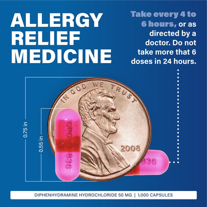 MAJOR Banophen Diphenhydramine HCl 50 mg Capsules – Temporary Allergy Relief (1000 Count)